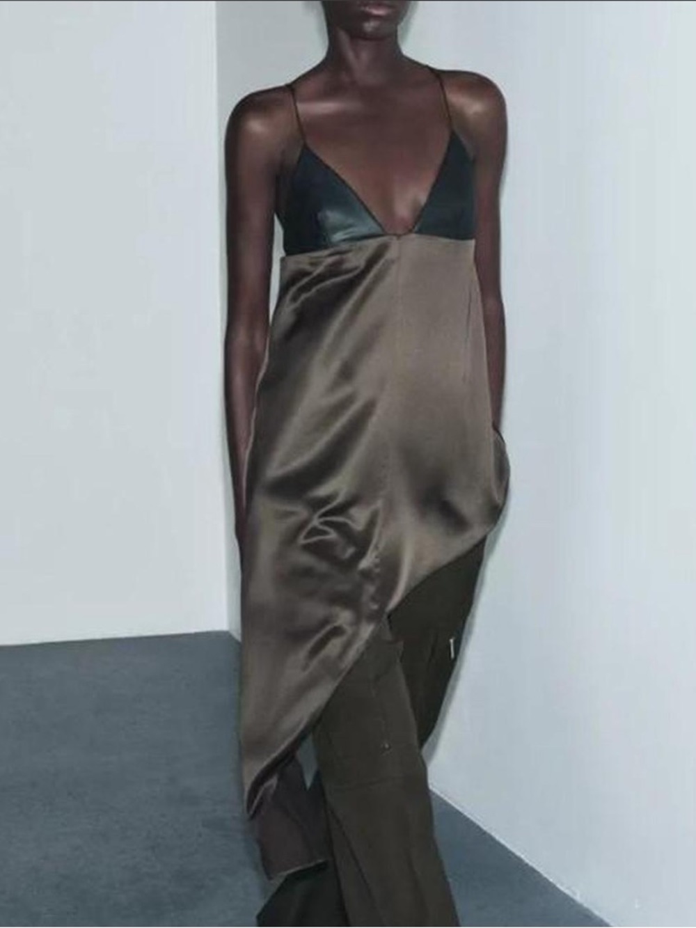 Zara Brown Satin Slip Dress with Black Contrast Bodice